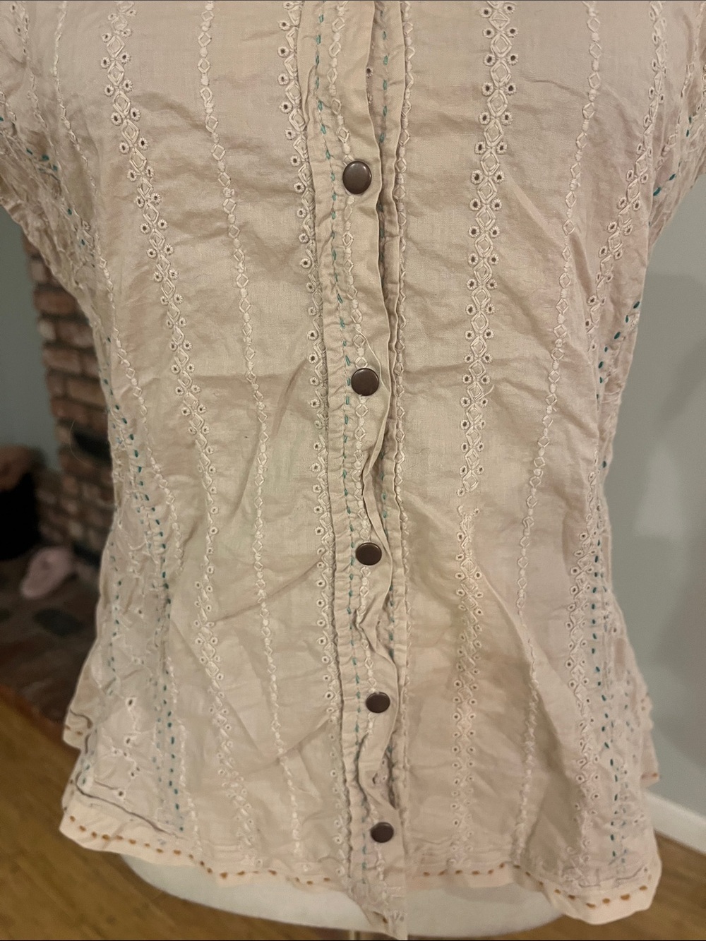 Johnny Was Nicola Stripe Cotton Cap Sleeve Button Blouse - Picture 2 of 7